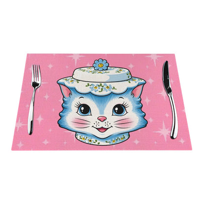 Mid Century Modern Kitschy Anthropomorphic Blue Cat with Floral Hat Placemat 1pc - Mid Century Modern Gal