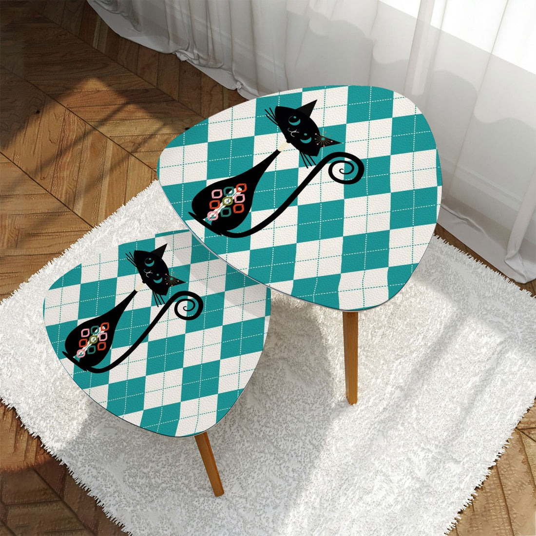 Atomic Cat Retro Mid Mod Nesting Tables, Argyle Teal Diamond MCM Home Decor - Mid Century Modern Gal