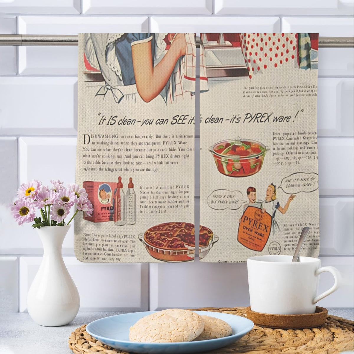 Vintage Pyrex Kitchen Dish Towels, Retro Pyrex Ad - Mid Century Modern Gal