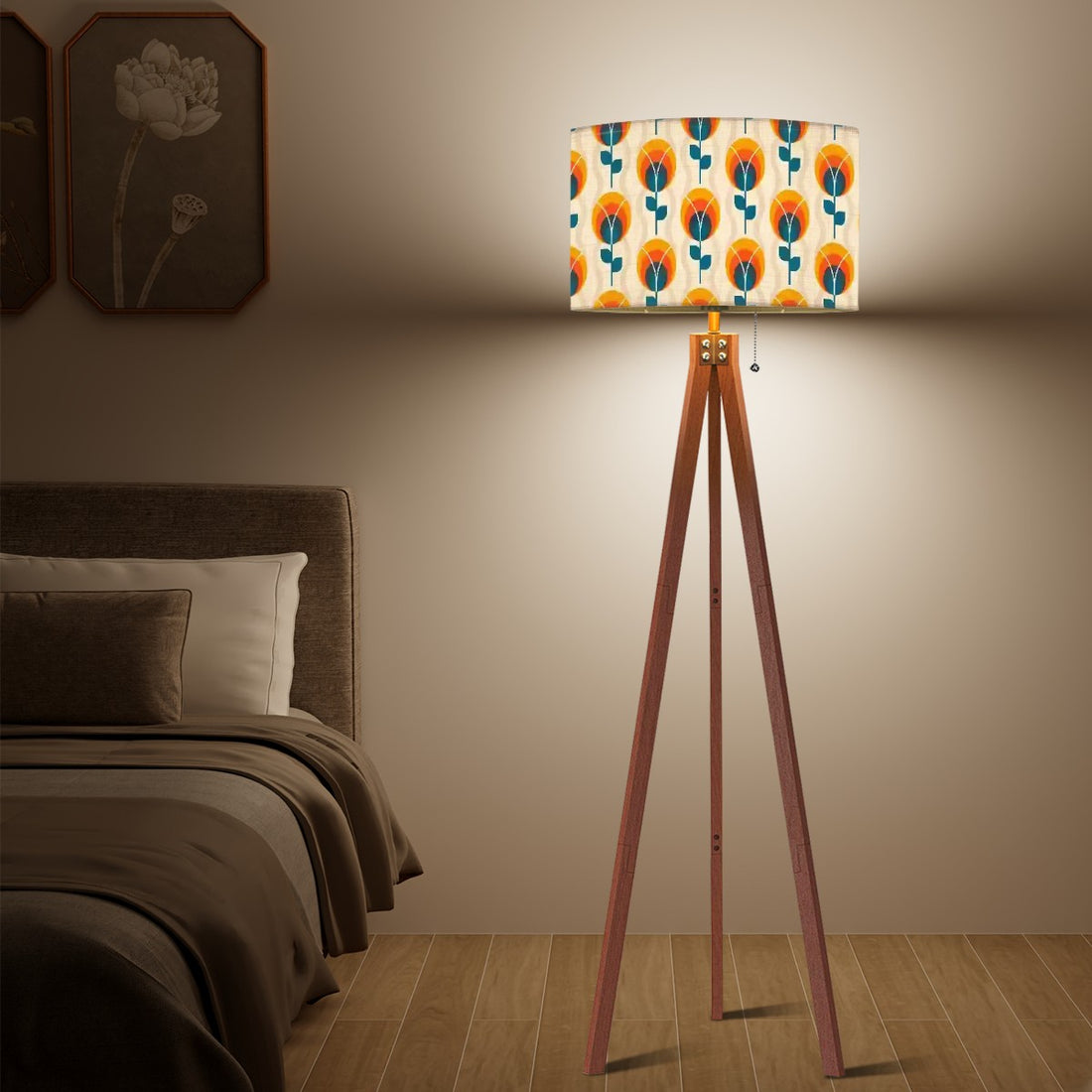 Mid Century Modern Scandinavian Flower, Orange Blue, Retro Tripod Floor Lamp - Mid Century Modern Gal