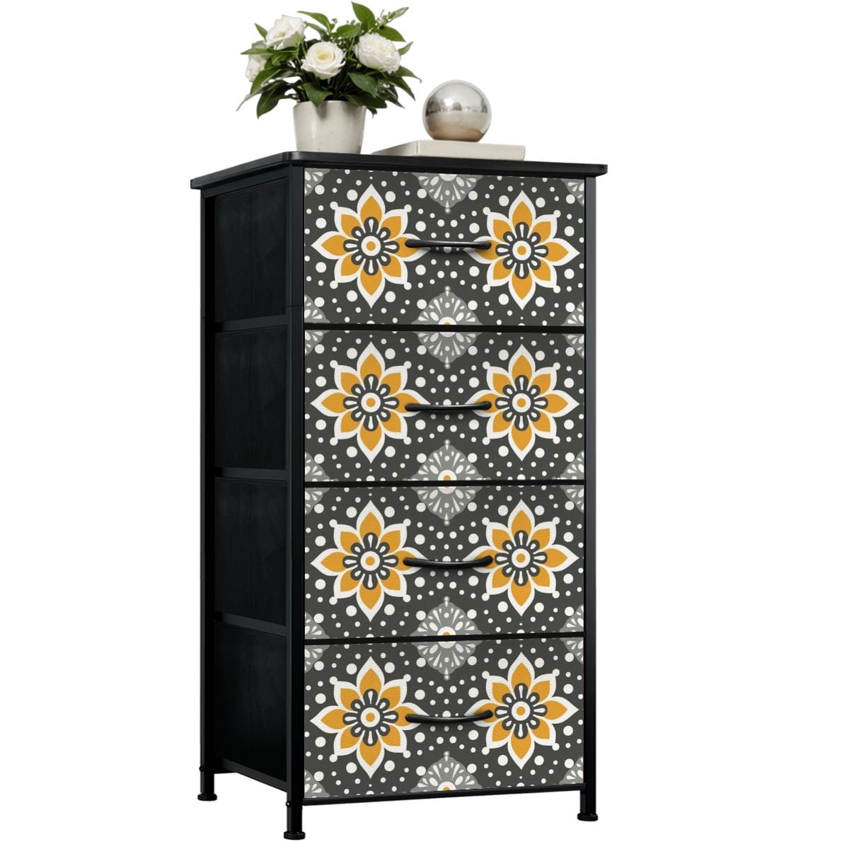 Floral Bohemian Retro Gray Yellow Modern 4-Drawer Dresser - Mid Century Modern Gal