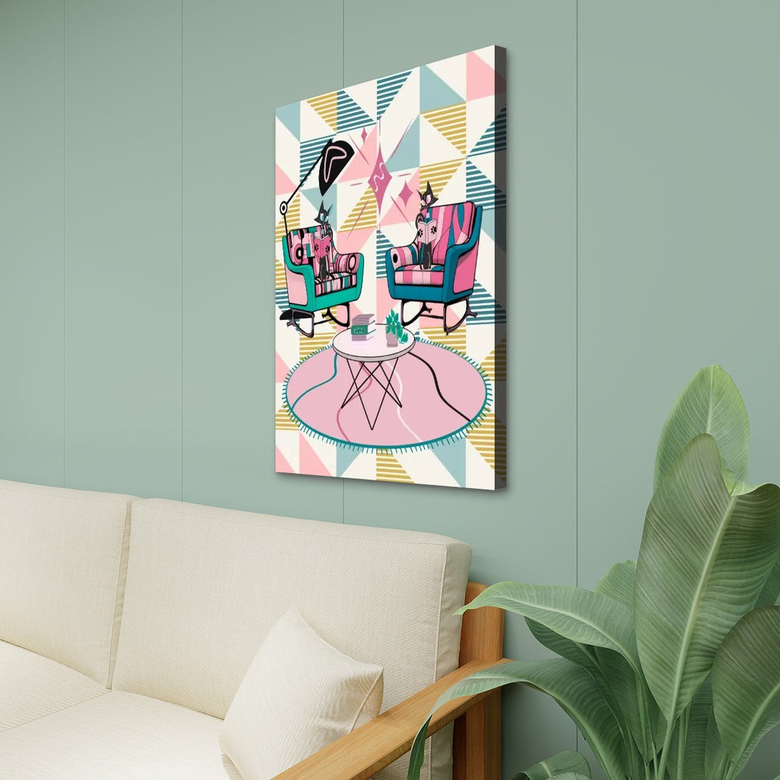 Atomic Reading Cats, Mid Century Modern Pink, Blue, Yellow Geometric Kitsch Canvas Print MCM Wall Art - Mid Century Modern Gal