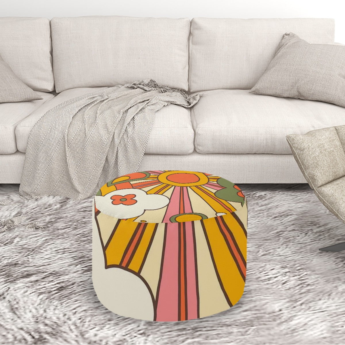 70s Retro Ray Of Sunshine Groovy Mod Round Pouf Ottoman