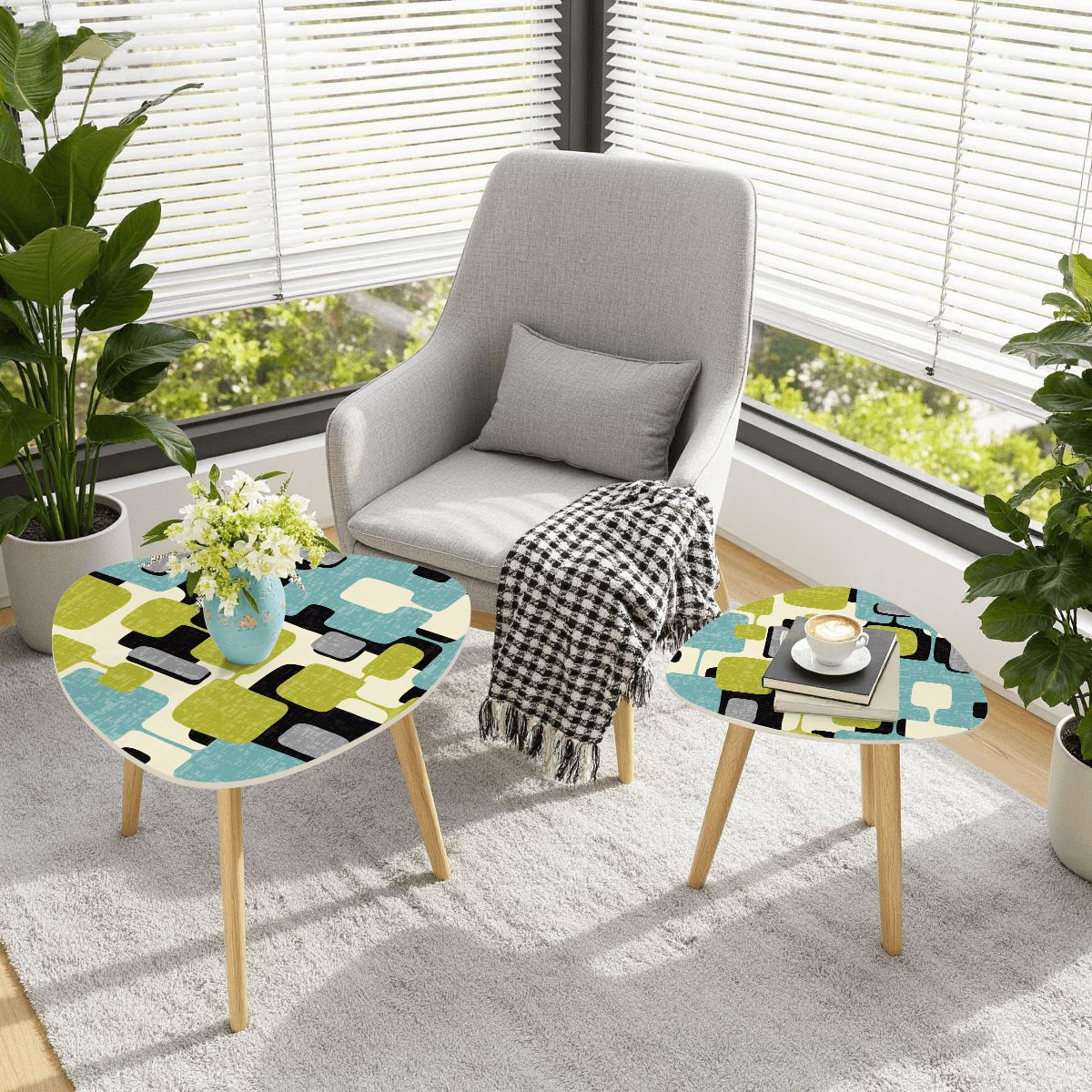 Mid Century Modern Geometric Designed Mod Nesting Tables With Bamboo Legs - Mid Century Modern Gal
