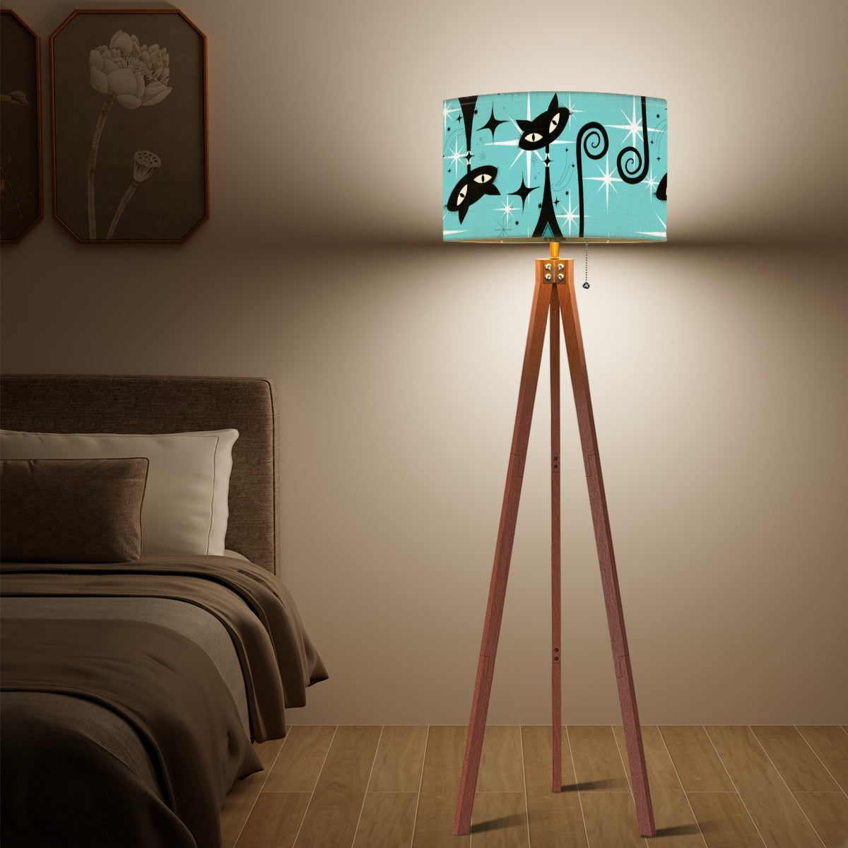 Mid Century Modern Tripod Floor Lamp, Atomic Aqua Starburst, Kitschy Quirky Mod Cats - Mid Century Modern Gal