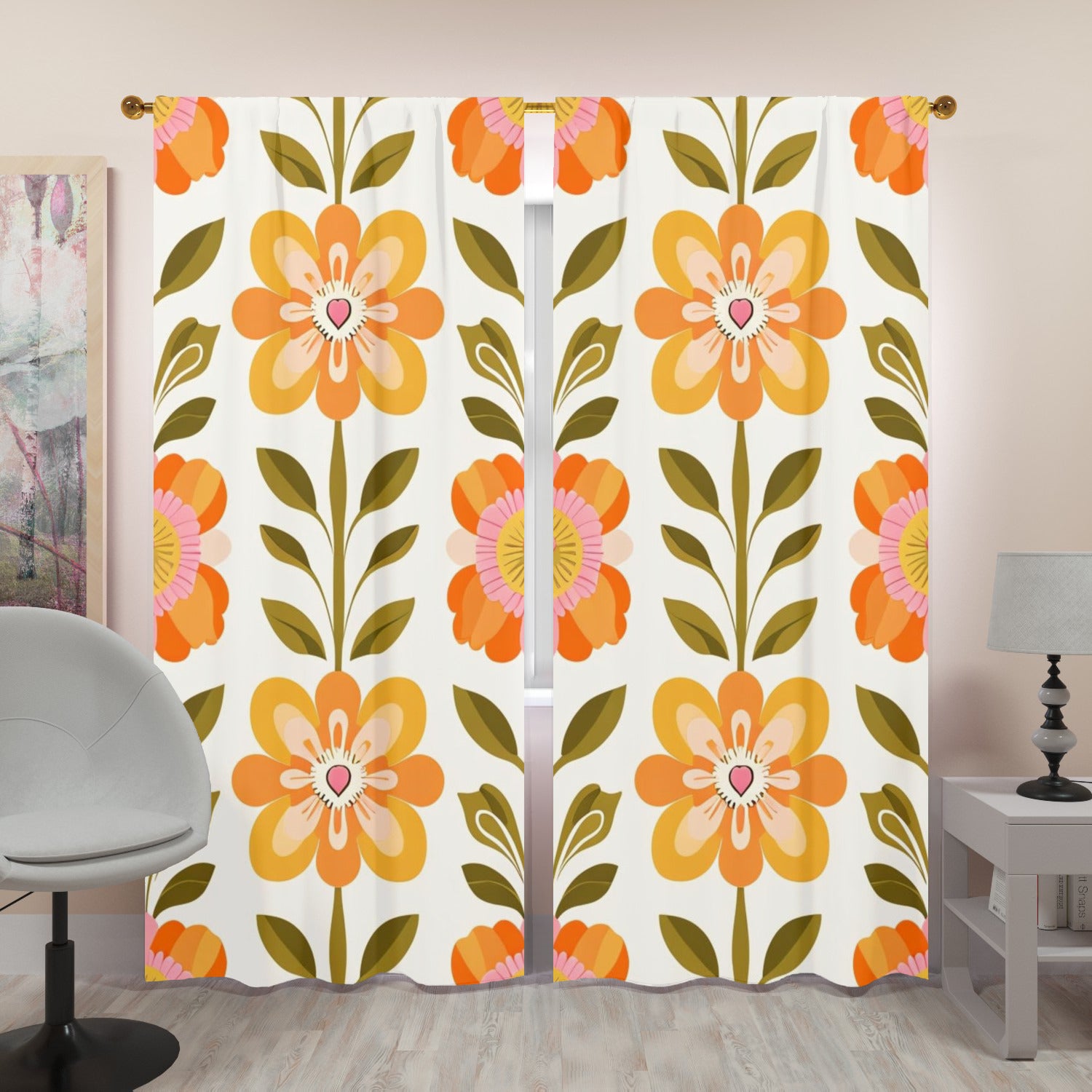 Scandinavian Mid Century Modern Pretty Floral Modern Danish Window Curtains (two panels) - Mid Century Modern Gal