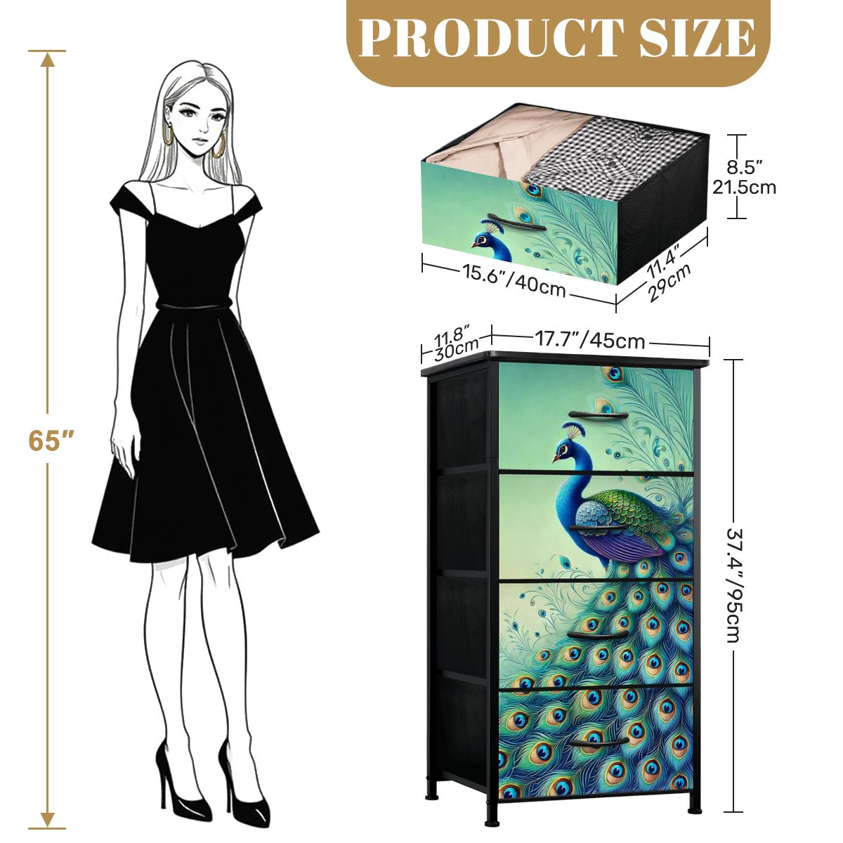 Peacock Watercolor Chinoiserie Designed Blue Green Modern 4-Drawer Dresser - Mid Century Modern Gal