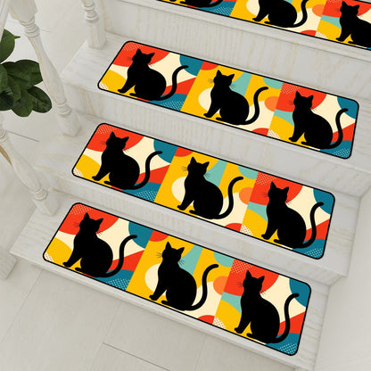 Pop Art Black Atomic Cats, Red Blue Yellow, Non Slip Carpet for Stairs Treads - Mid Century Modern Gal