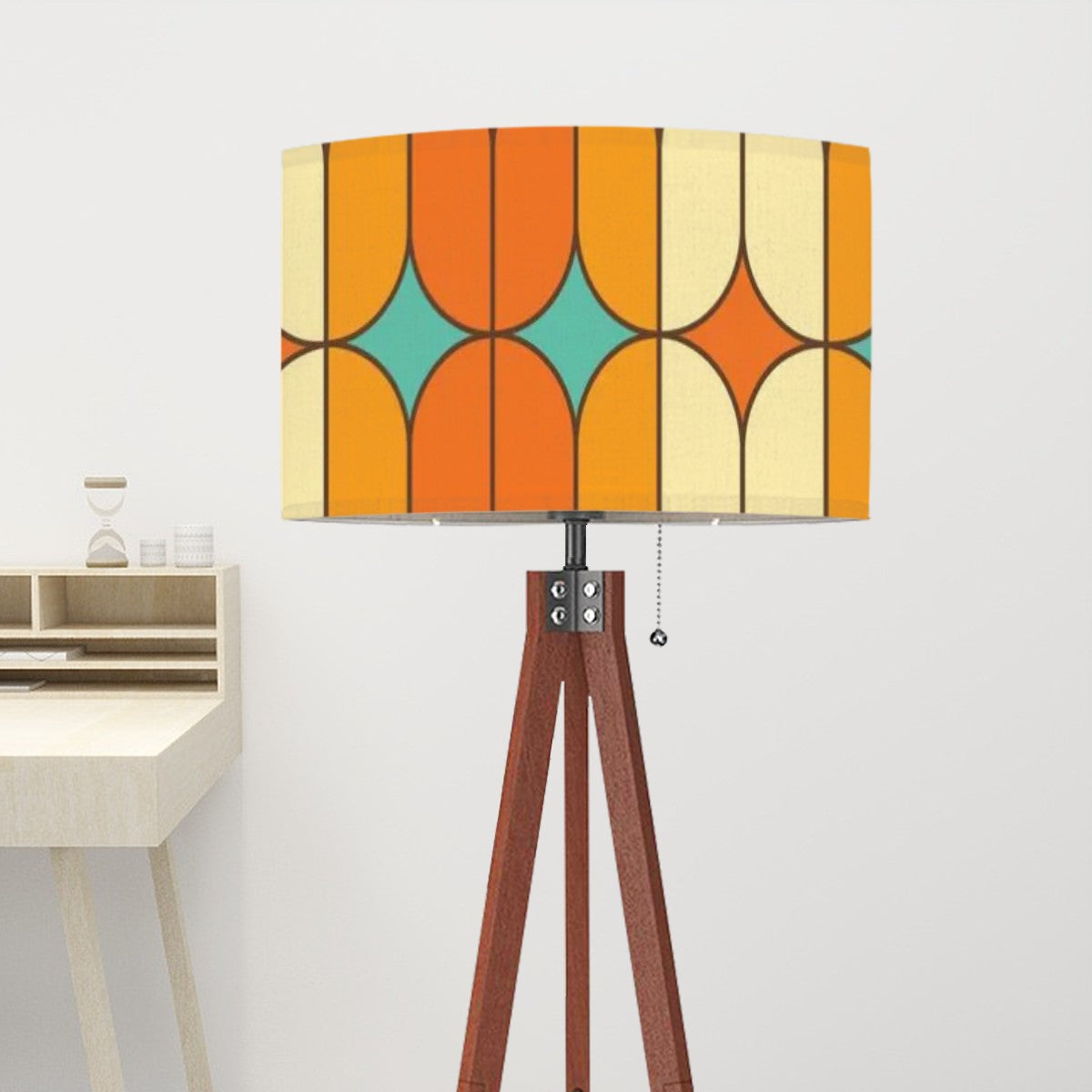 Mid Century Modern Tripod Floor Lamp, Orange, Teal Geometric Mod Designed