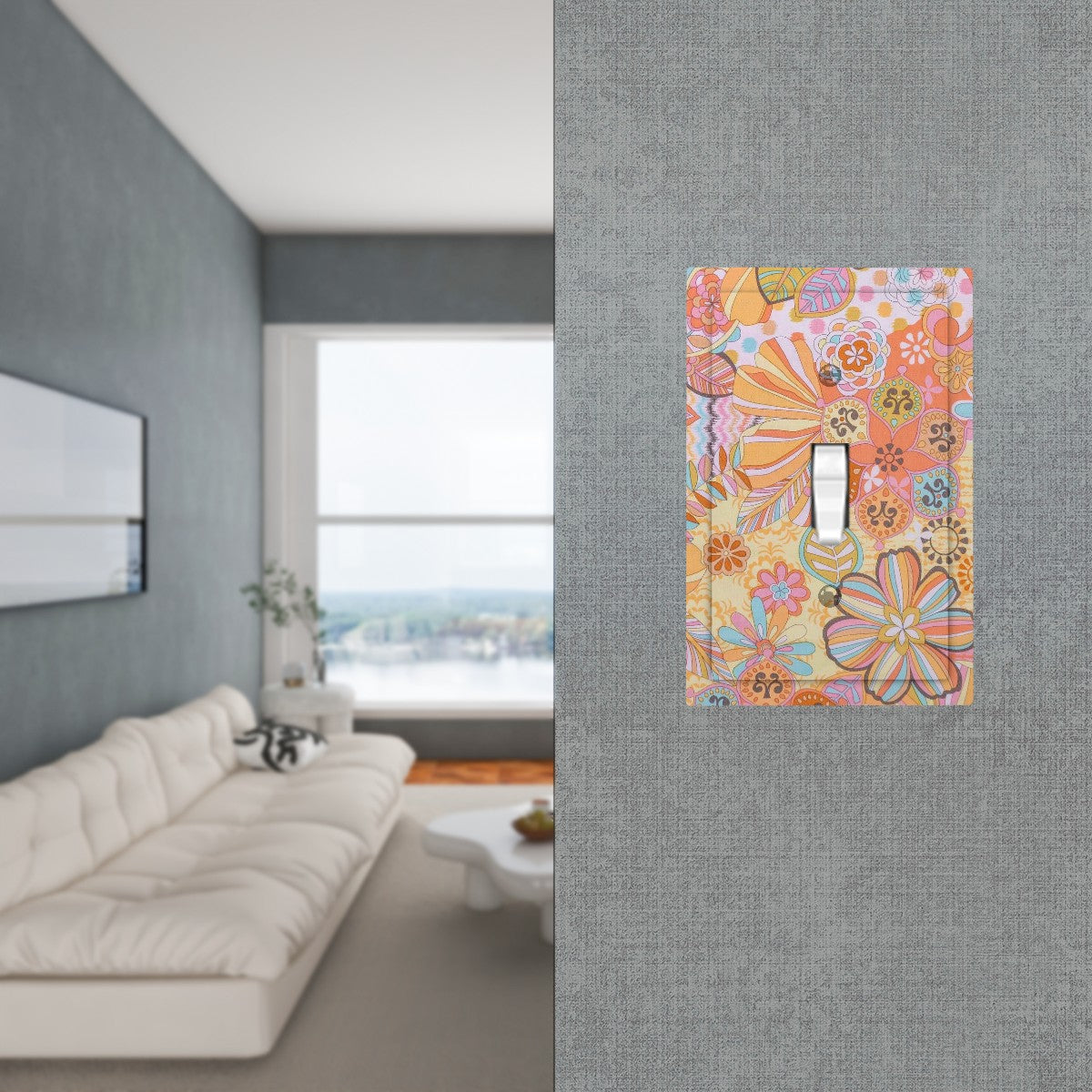 Vintage Floral 70s Designed Retro Pink Yellow Orange Flowers Modern Switch Cover - Mid Century Modern Gal