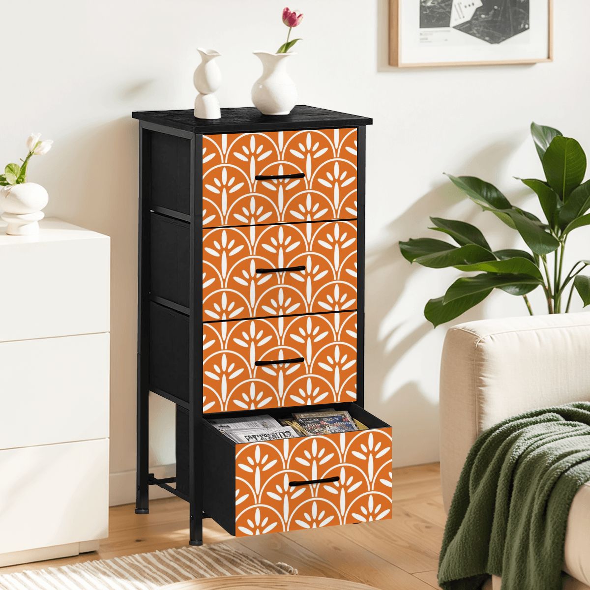 Mid Century Modern Stylish Art Deco Orange and White MCM 4-Drawer Dresser - Mid Century Modern Gal
