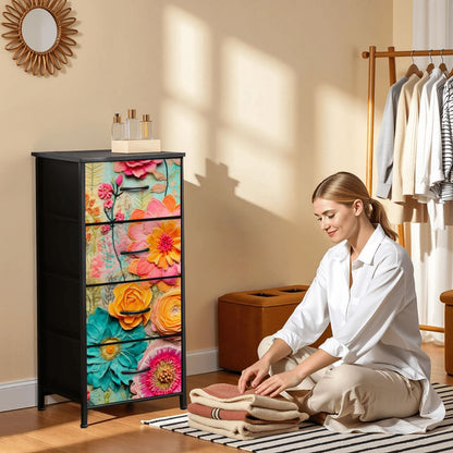 Bohemian Retro Flower, Faux Pressed Floral Mod 4-Drawer Dresser - Mid Century Modern Gal