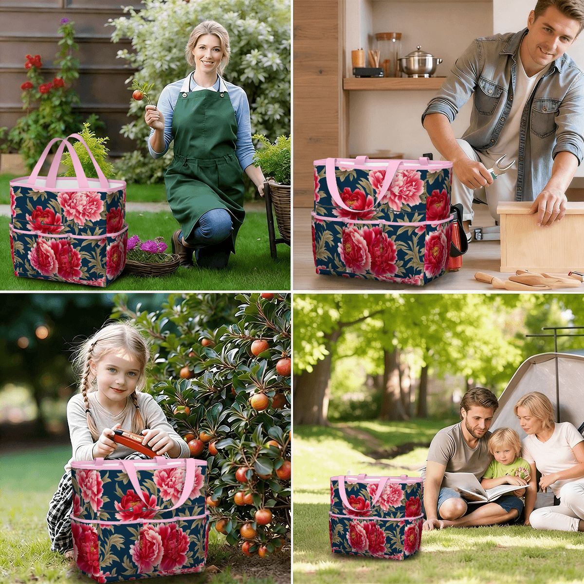 Modern Chinoiserie Royal Blue, Pink Red Floral Garden Tool Bag