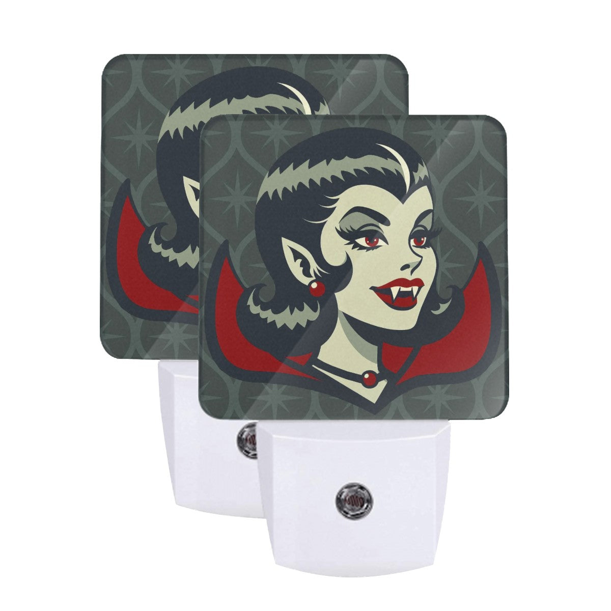 Vampire Dracula Girl Halloween Goth Horror Buff MCM Green LED Night Light Set of 2 - Mid Century Modern Gal