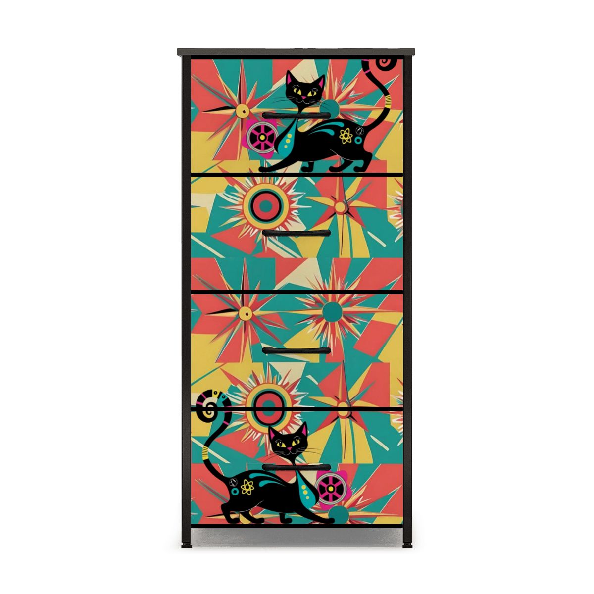 Mid Century Modern Atomic Cat, Coral, Yellow, Teal Mod Retro Funky 4-Drawer Dresser - Mid Century Modern Gal