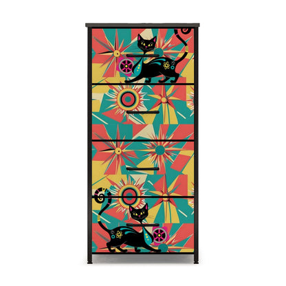 Mid Century Modern Atomic Cat, Coral, Yellow, Teal Mod Retro Funky 4-Drawer Dresser - Mid Century Modern Gal