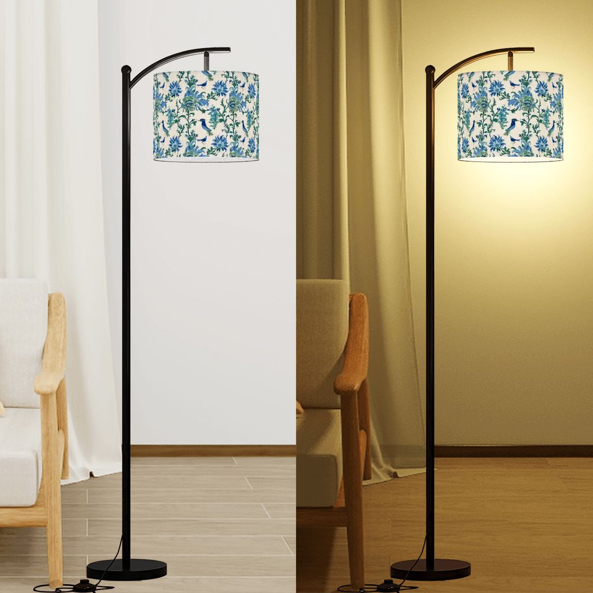 Chinoiserie Botanical Garden Birds, Blue, Green Asian Inspired Modern Lamp SHADE ONLY - For Arc Floor Lamps Only - Mid Century Modern Gal