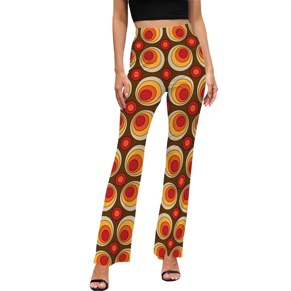 70s Style Women's Flared Pants, Groovy Orbs, Brown Orange, Yellow Hip Fun Apparel - Mid Century Modern Gal
