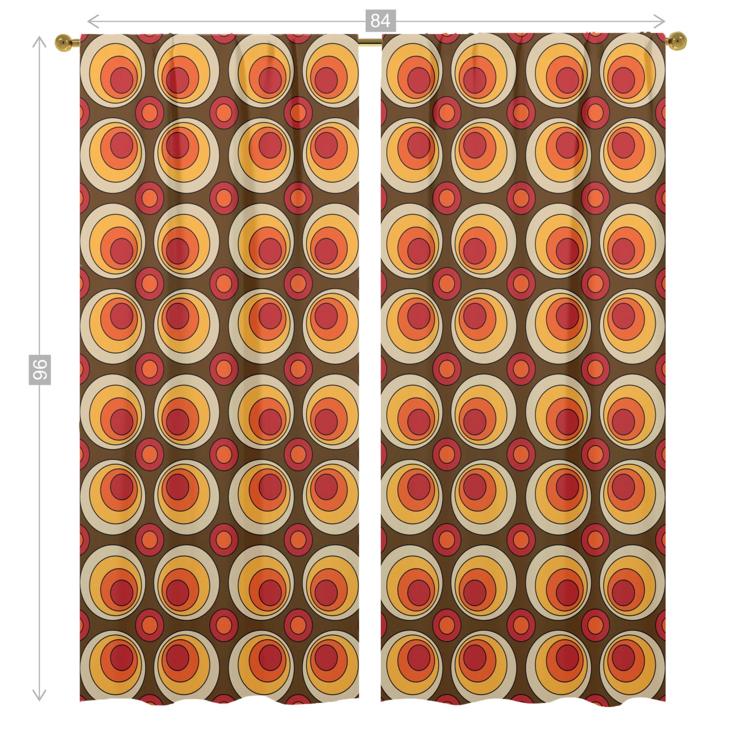 Mid Century Modern Groovy Orbs, Brown Yellow, Orange, Retro Window Curtains (two panels) - Mid Century Modern Gal