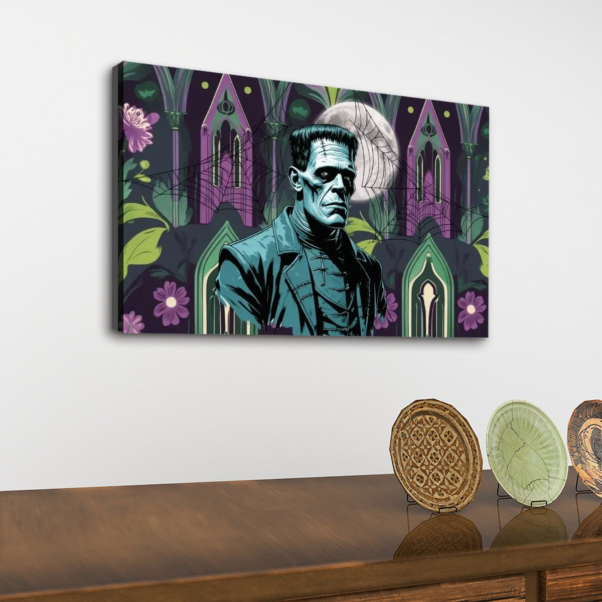 Retro Frankenstein Gothic Mid Mod Wall Art, Purple, Green Spookie Style - Mid Century Modern Gal