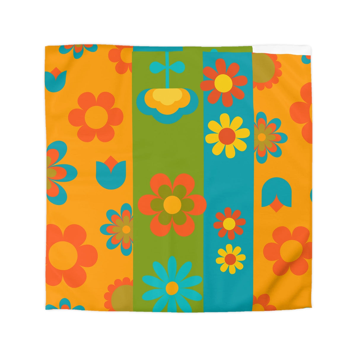 70's Flower Power Retro Bedding, Orange, Green, Yellow, Blue, Hipster Style Microfiber Duvet Cover Home Decor