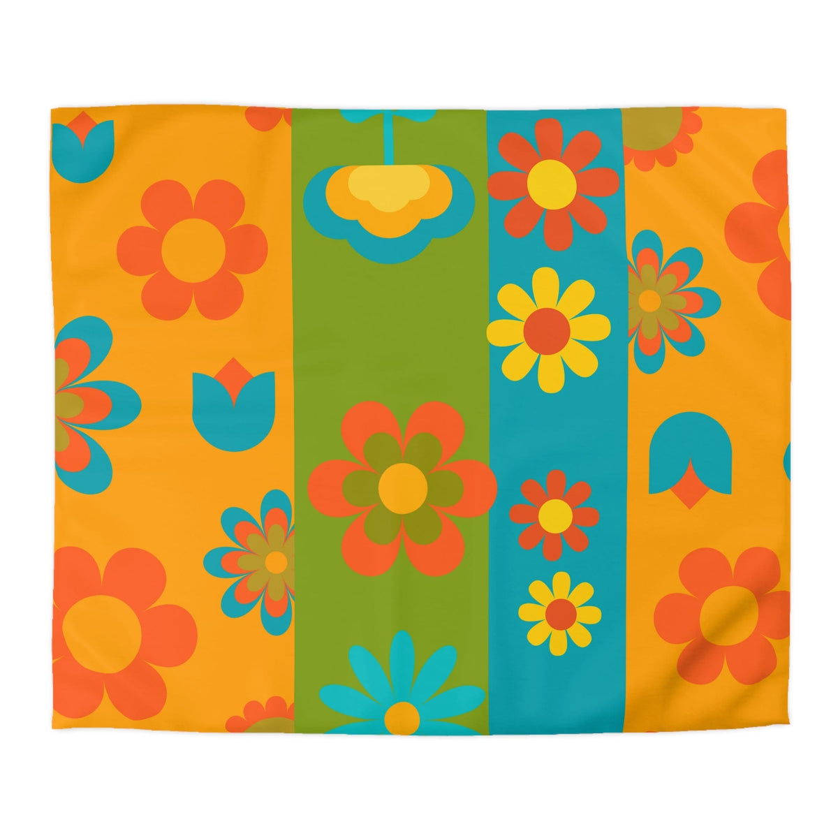 70's Flower Power Retro Bedding, Orange, Green, Yellow, Blue, Hipster Style Microfiber Duvet Cover Home Decor