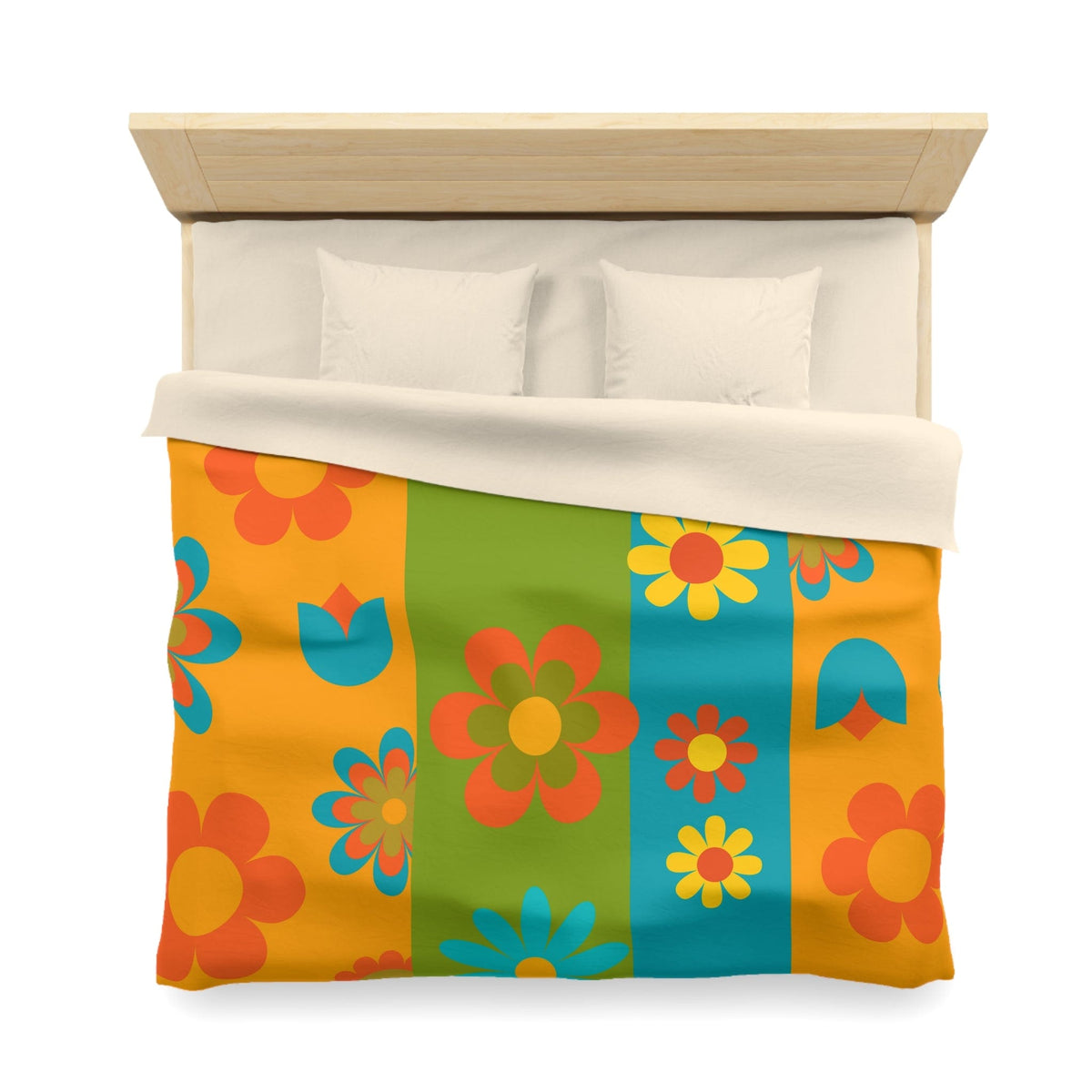 70's Flower Power Retro Bedding, Orange, Green, Yellow, Blue, Hipster Style Microfiber Duvet Cover Home Decor