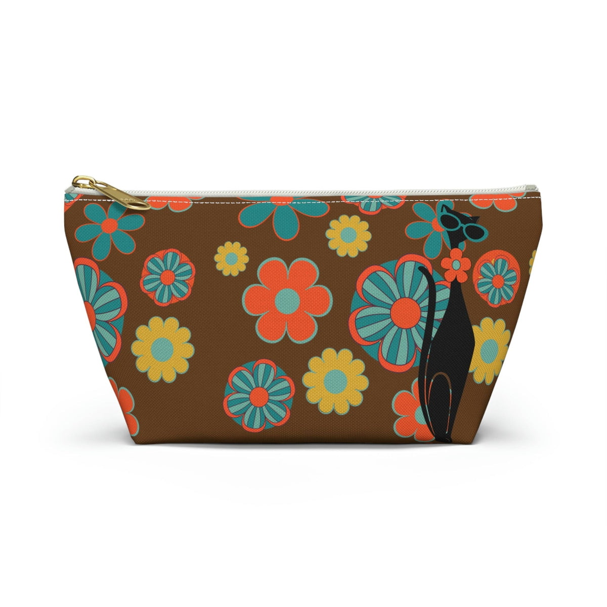 70's Flower Power, Retro Groovy Atomic Cat, Brown, Orange, Teal Accessory Makeup Pouch w T-bottom Bags
