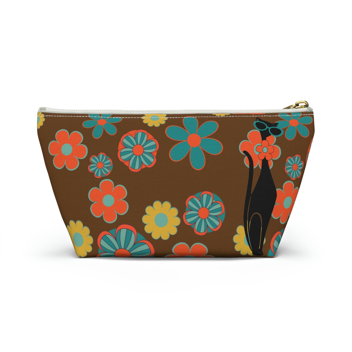 70's Flower Power, Retro Groovy Atomic Cat, Brown, Orange, Teal Accessory Makeup Pouch w T-bottom Bags