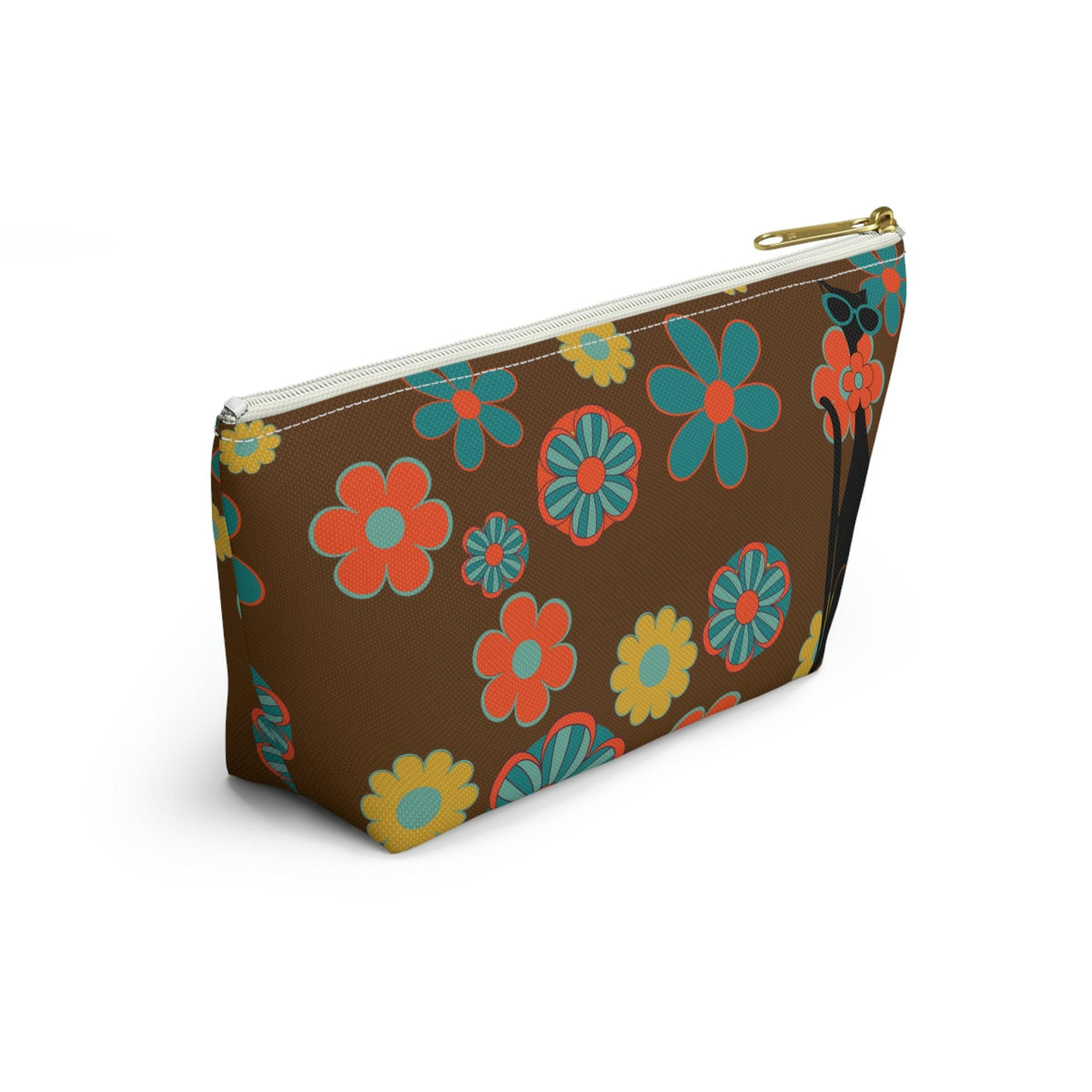 70's Flower Power, Retro Groovy Atomic Cat, Brown, Orange, Teal Accessory Makeup Pouch w T-bottom Bags