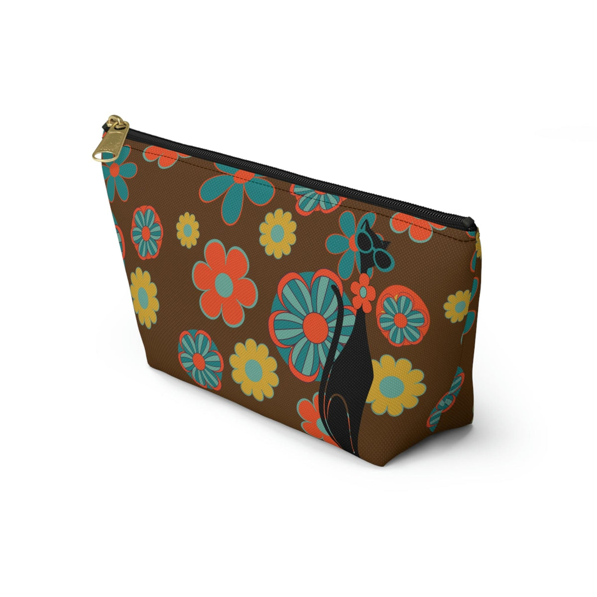 70's Flower Power, Retro Groovy Atomic Cat, Brown, Orange, Teal Accessory Makeup Pouch w T-bottom Bags