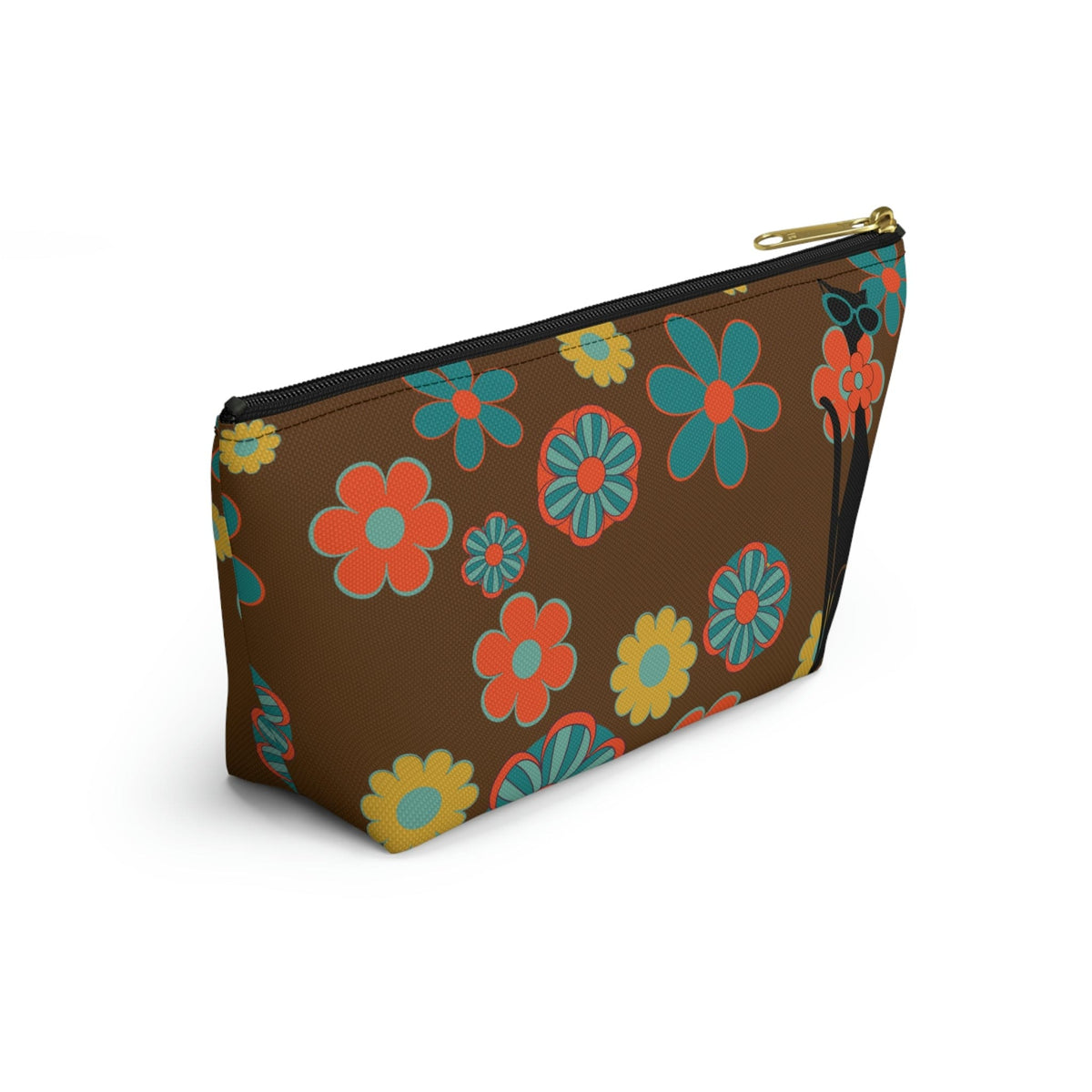 70's Flower Power, Retro Groovy Atomic Cat, Brown, Orange, Teal Accessory Makeup Pouch w T-bottom Bags