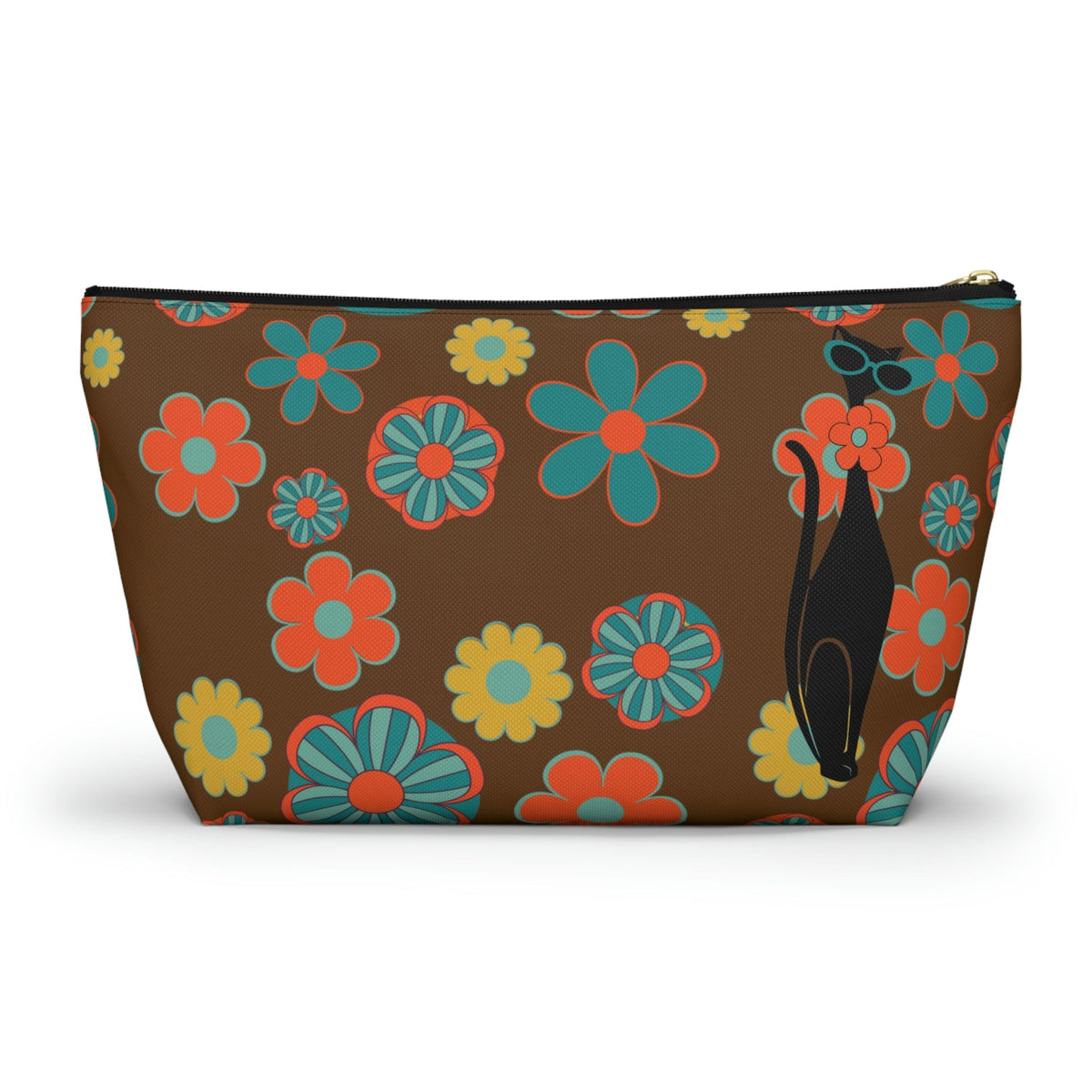 70's Flower Power, Retro Groovy Atomic Cat, Brown, Orange, Teal Accessory Makeup Pouch w T-bottom Bags