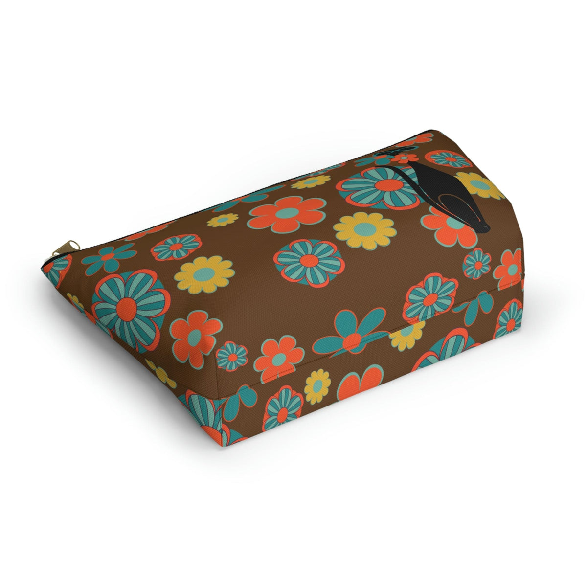 70's Flower Power, Retro Groovy Atomic Cat, Brown, Orange, Teal Accessory Makeup Pouch w T-bottom Bags