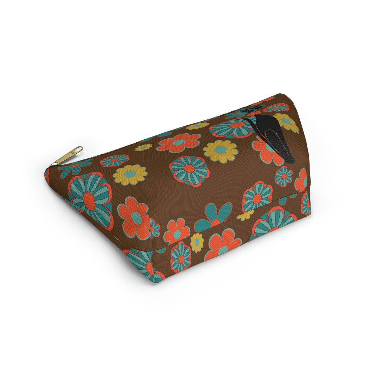 70's Flower Power, Retro Groovy Atomic Cat, Brown, Orange, Teal Accessory Makeup Pouch w T-bottom Bags