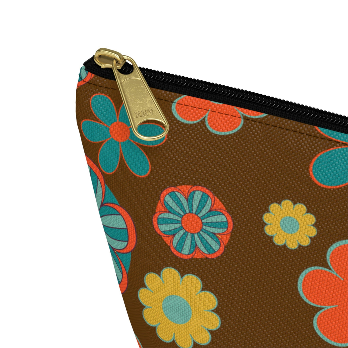 70's Flower Power, Retro Groovy Atomic Cat, Brown, Orange, Teal Accessory Makeup Pouch w T-bottom Bags