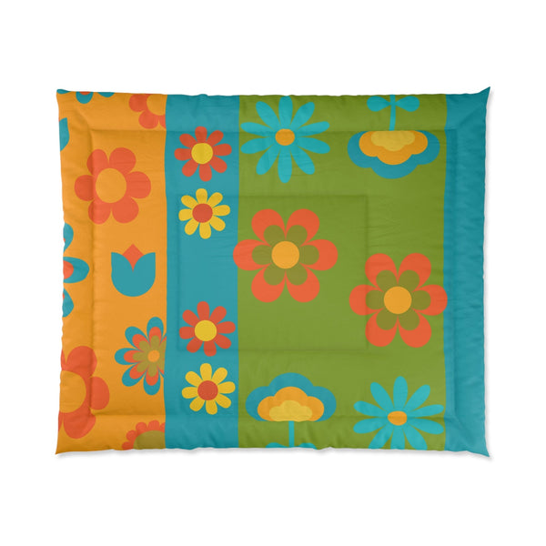 70's Groovy, Flower Power, Hippie, Yellow, Teal, Orange Retro, Bedding