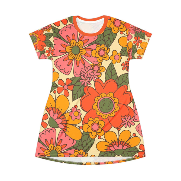 70's Party, Hipster Groovy Flower Power Orange, Yellow, Green Floral T-Shirt Dress