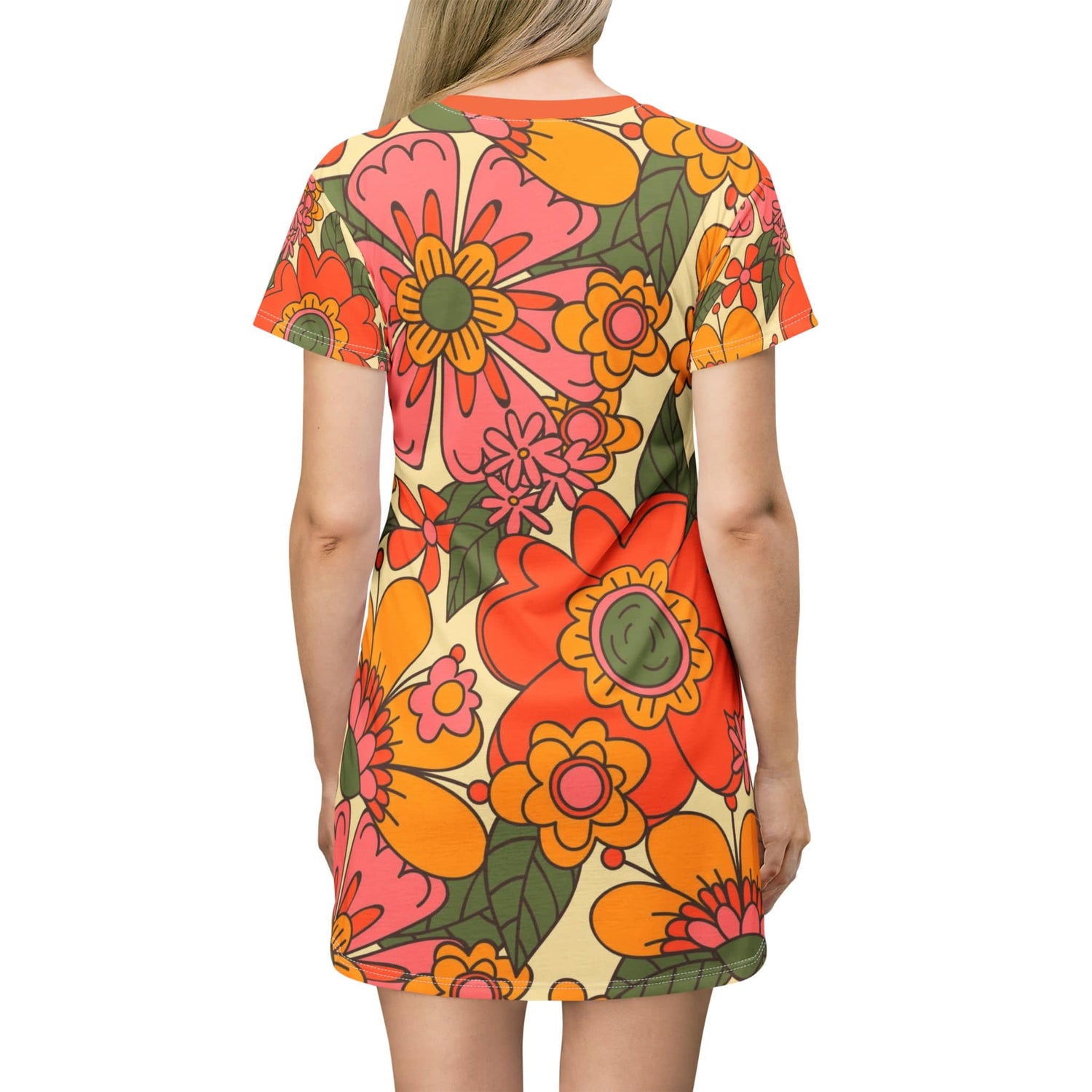 70's Party, Hipster Groovy Flower Power Orange, Yellow, Green Floral T-Shirt Dress M 70's Party, Hipster Groovy Flower Power Orange, Yellow, Green Floral T-Shirt Dress M