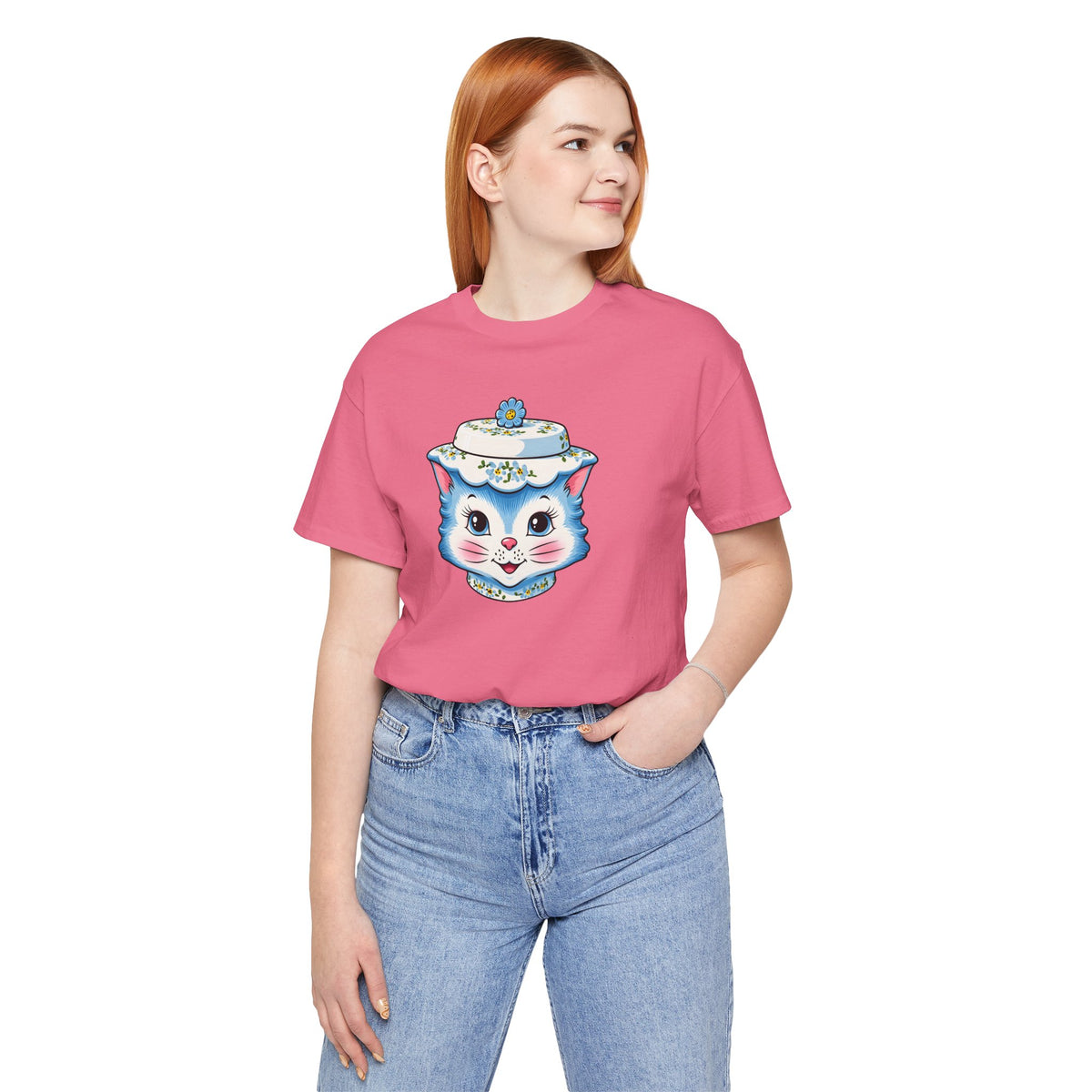 Mid Century Modern Kitschy Anthropomorphic Blue Cat with Floral Hat Unisex T-Shirt