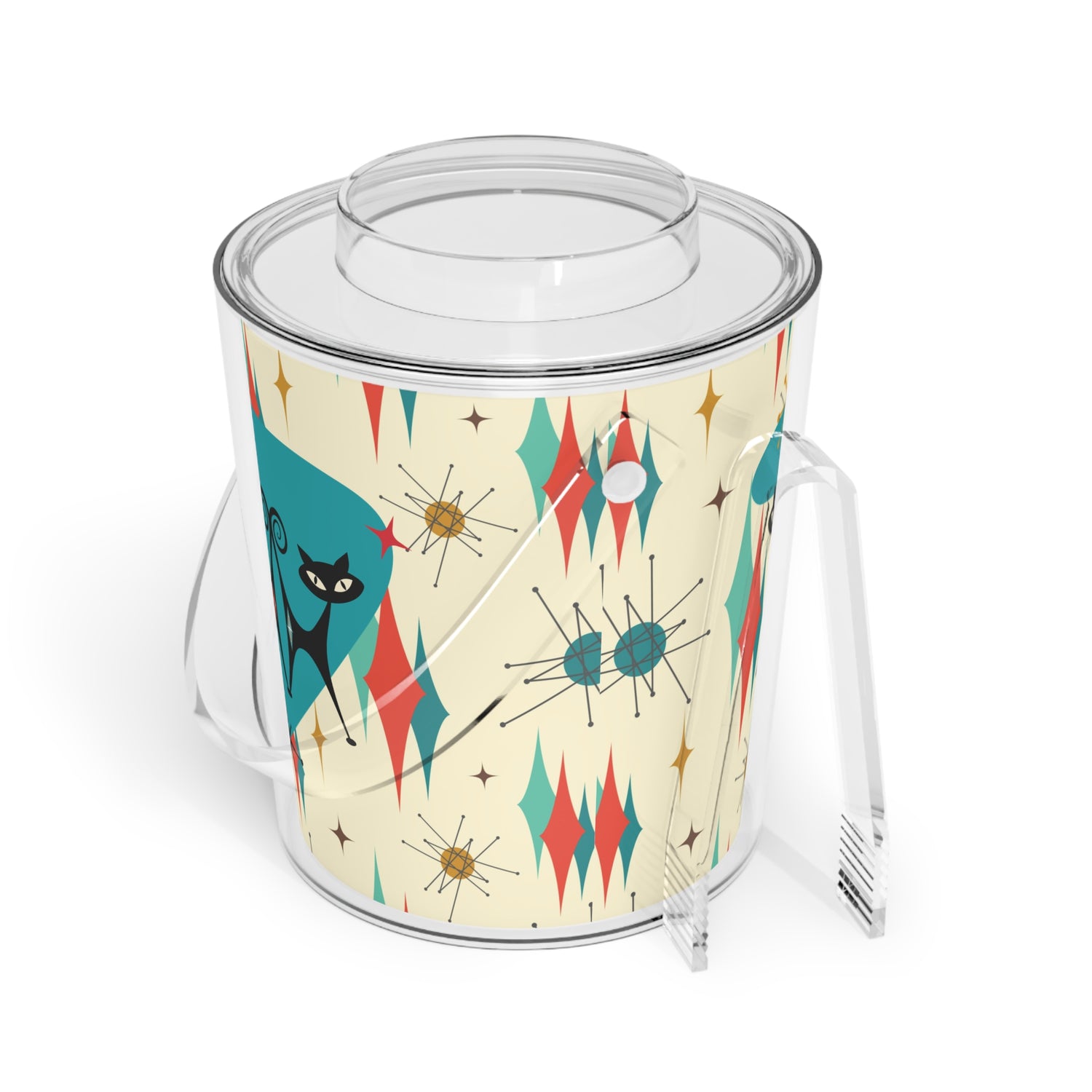 Atomic Starbursts Kitschy Cat, Atomic Cats, Mid Century ModernThemed Ice Bucket with Tongs - Mid Century Modern Gal