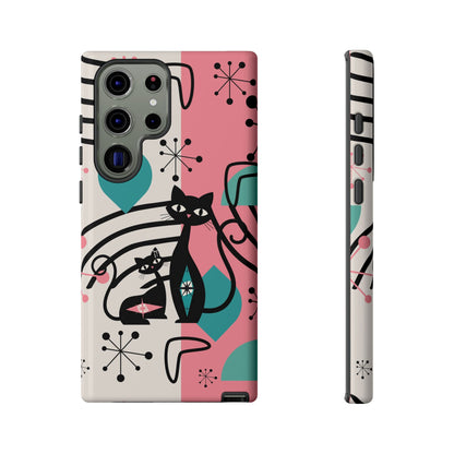 Mid Mod Atomic Cat Boomerang Starburst, Pink, Black Kitschy Stylish Cat Phone Case: Modern Design for Cat Lovers - Mid Century Modern Gal