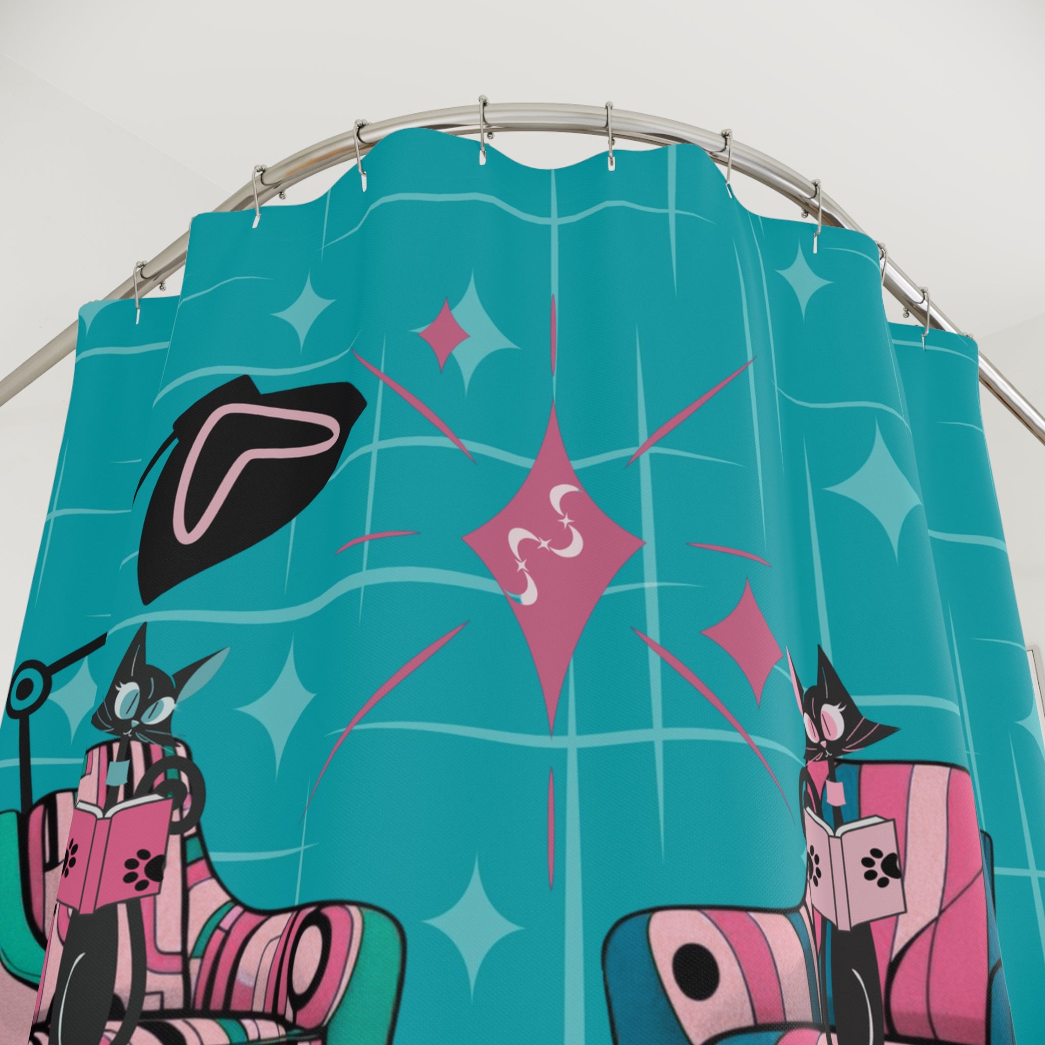 Mid-Century Modern Shower Curtain - Retro Cat Design For Book Lover, Book Club Gals Stylish Bathrooms - Mid Century Modern Gal