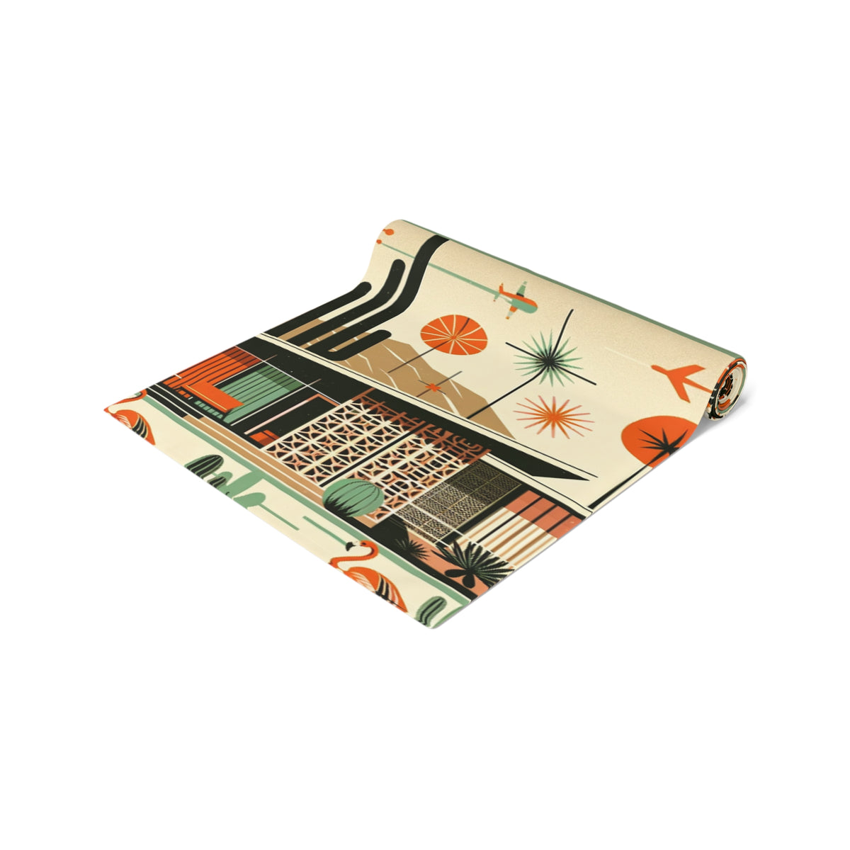 Mid Century Modern Palm Springs Cali, Green, Orange, Breezeblock, Flamingo MCM Home Table Runner - Mid Century Modern Gal