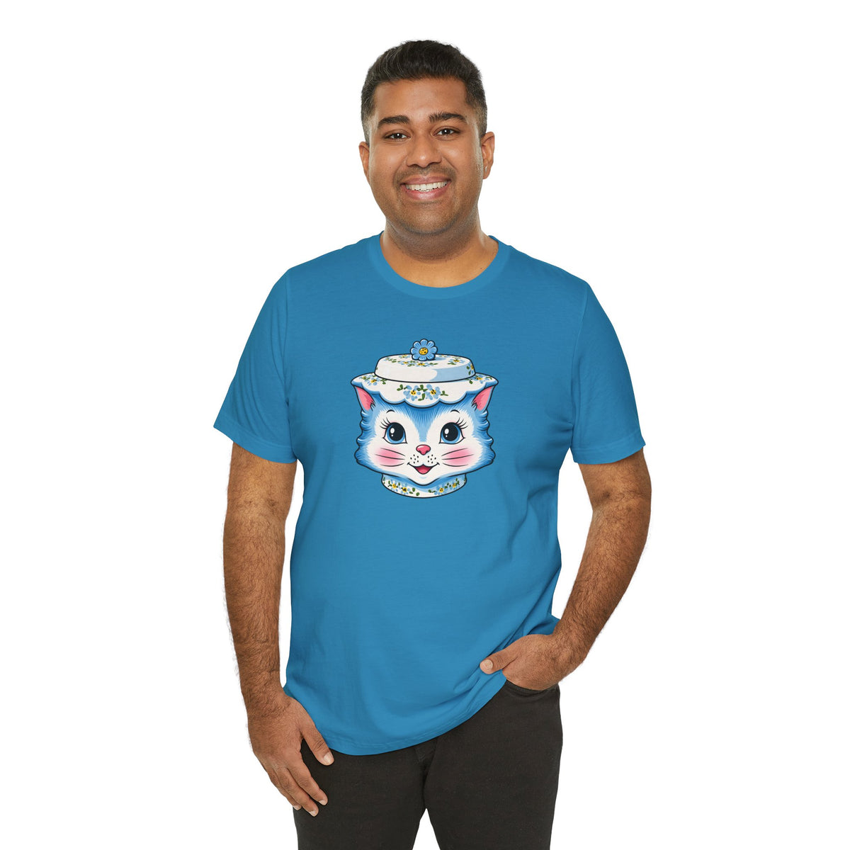 Mid Century Modern Kitschy Anthropomorphic Blue Cat with Floral Hat Unisex T-Shirt
