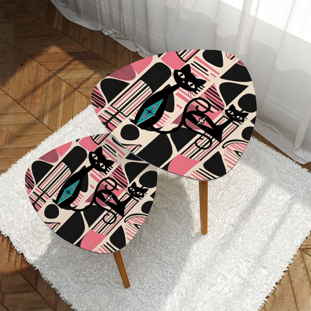 Atomic Cat Mid Mod Nesting Tables, Pink, Black Cream Retro MCM Design - Mid Century Modern Gal