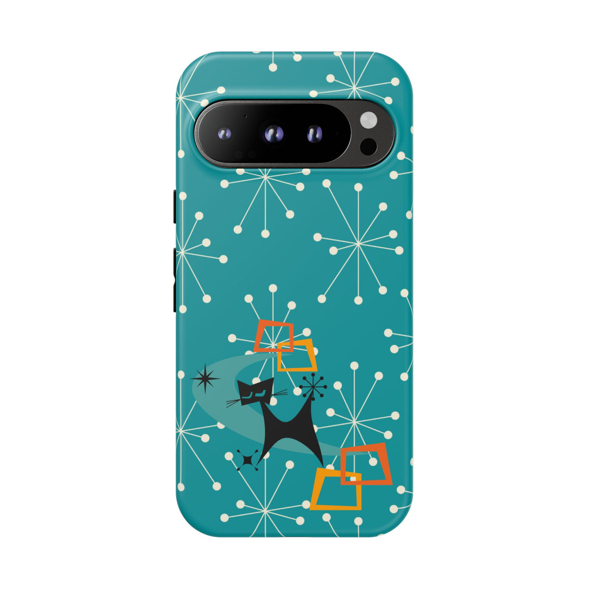 Atomic Space Cat, Starburst Blue, Retro Groovy Smart Phone Tough Phone Cases
