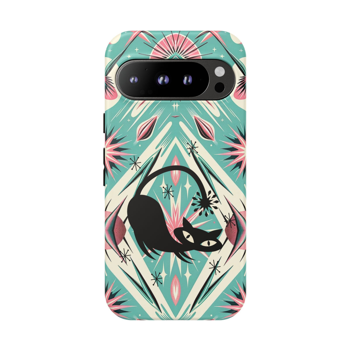 Atomic Cat, Mid Century Modern Aqua Blue, Pink, Starbursts Tough Phone Case