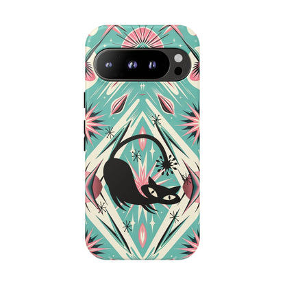Atomic Cat, Mid Century Modern Aqua Blue, Pink, Starbursts Tough Phone Case