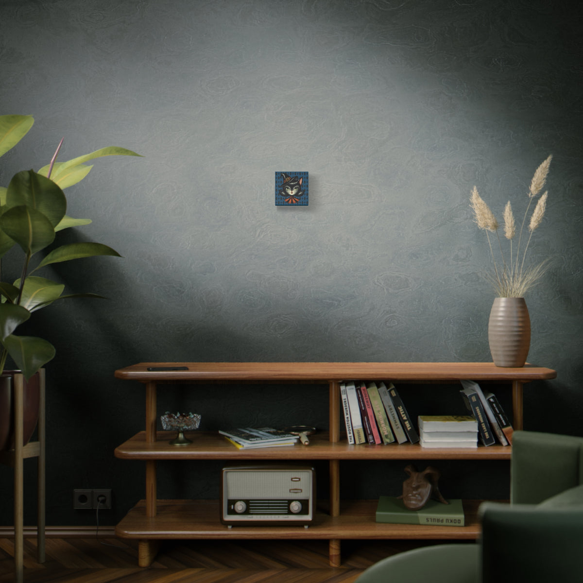 Vintage Halloween Black Cat Sexy Sexton Mid Century Modern Blue Matte Stretched Canvas Wall Art - Mid Century Modern Gal